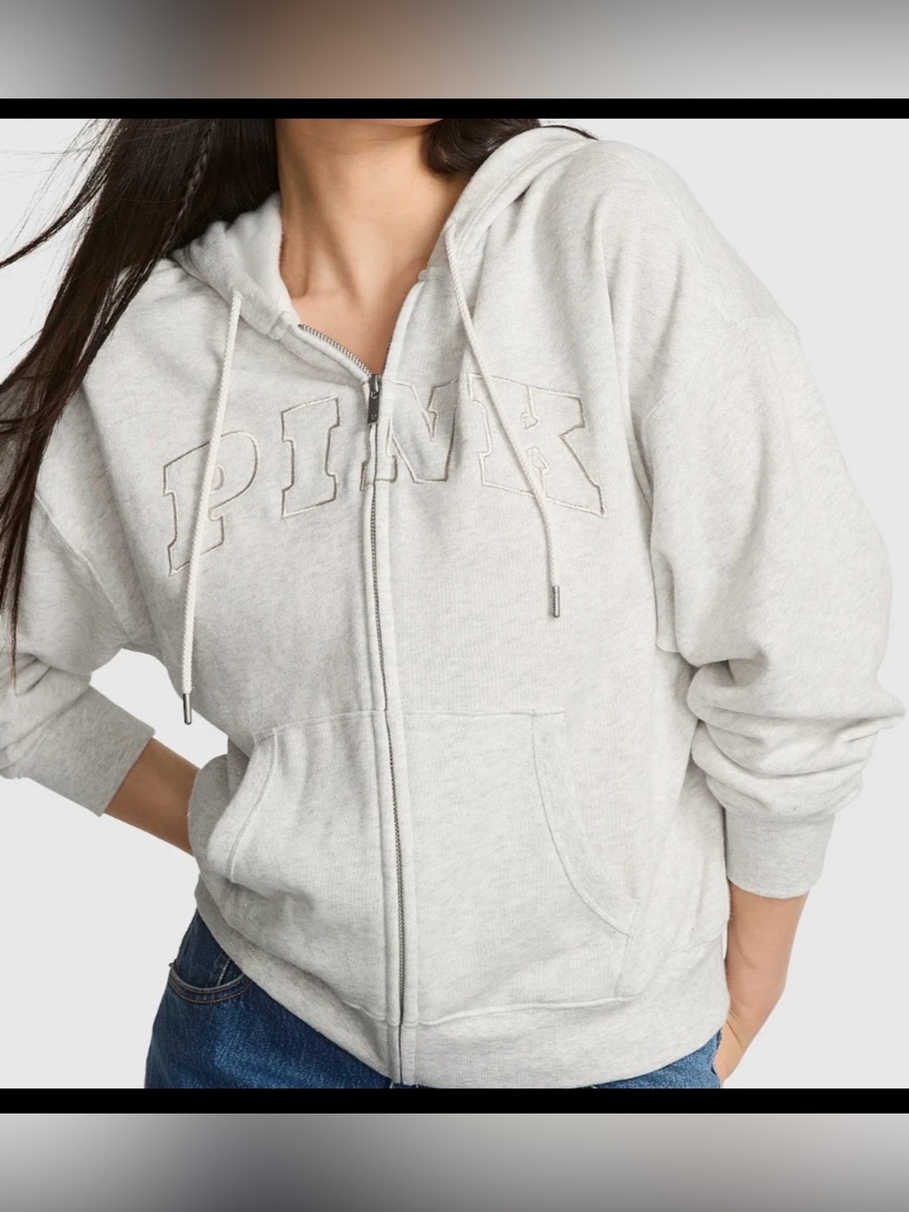 PINK VS Ivy fleece campus full zip hoodie snow heather jacket Sz L